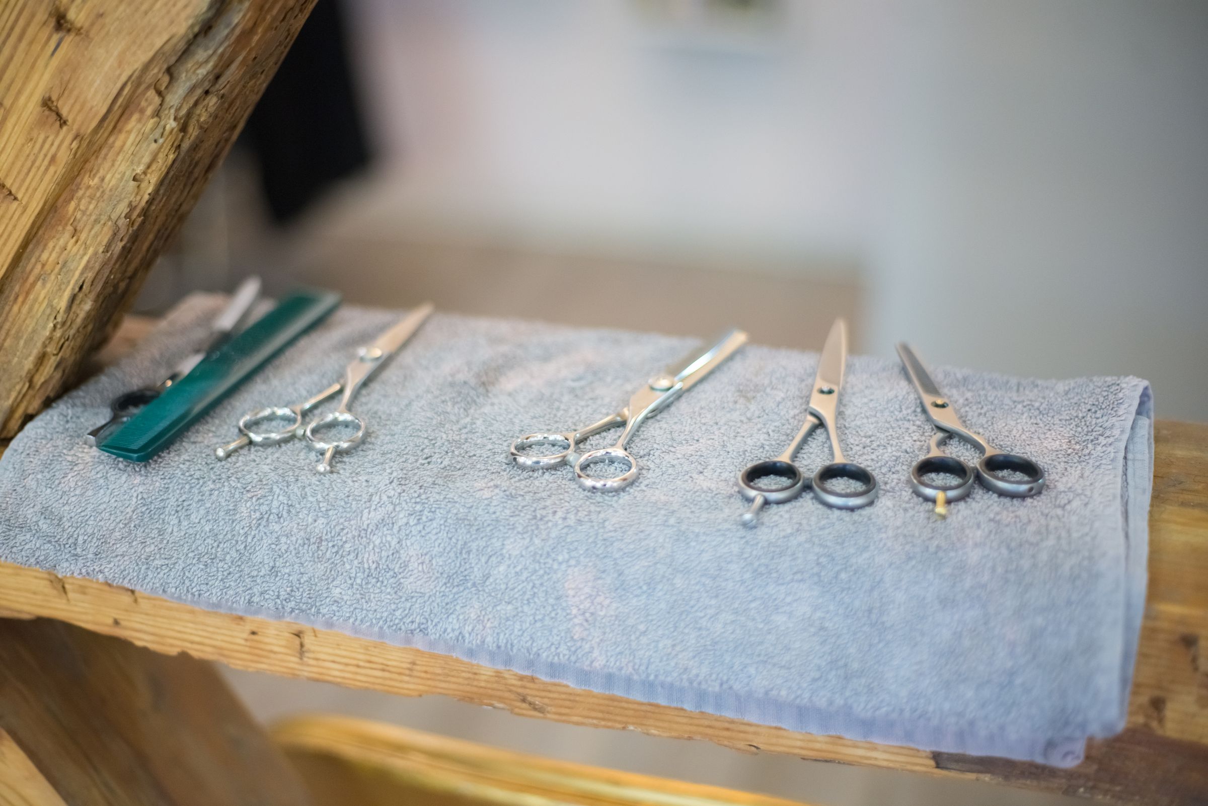 A row of professional cutting shears laid out before an appointment